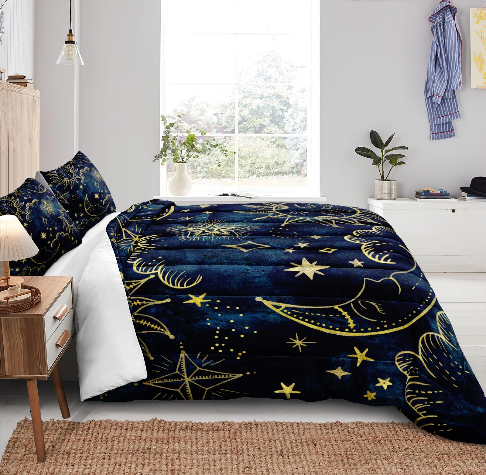 Merryword Sun and Moon Comforter Set Queen Size Blue Gold Bedding Comforter Blue Universe Galaxy Sun Moon Pattern Bohemian Gothic Comforter Set for Kids Boys Teens