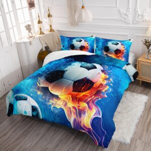 AILONEN Soccer Bedding Set Soccer Ball Print Comforter Set, Full Size Ice and Flame Sport Boys Soccer Comforter Set,Football Bed in a Bag 3 Pieces, 1 Quilt and 2 Pillowcases