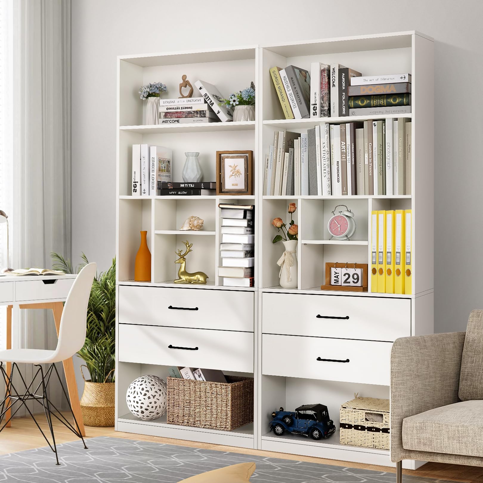 SEJOV White Bookshelf, 71" Tall Bookcase with 2 Drawers, Wooden Bookcases 4-Tier Open Shelves, Bookshelves and Storage Cabinet Floor Standing for Bedroom, Living Room, Office