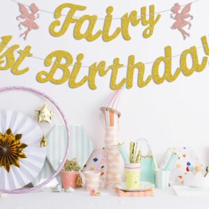 Fairy 1st Birthday Banner, Cute Fairies 1st Birthday Party Decorations, Flower Fairy Girl Happy First Birthday Anniversary Baby Shower Party Supplies Gold Rose Gold