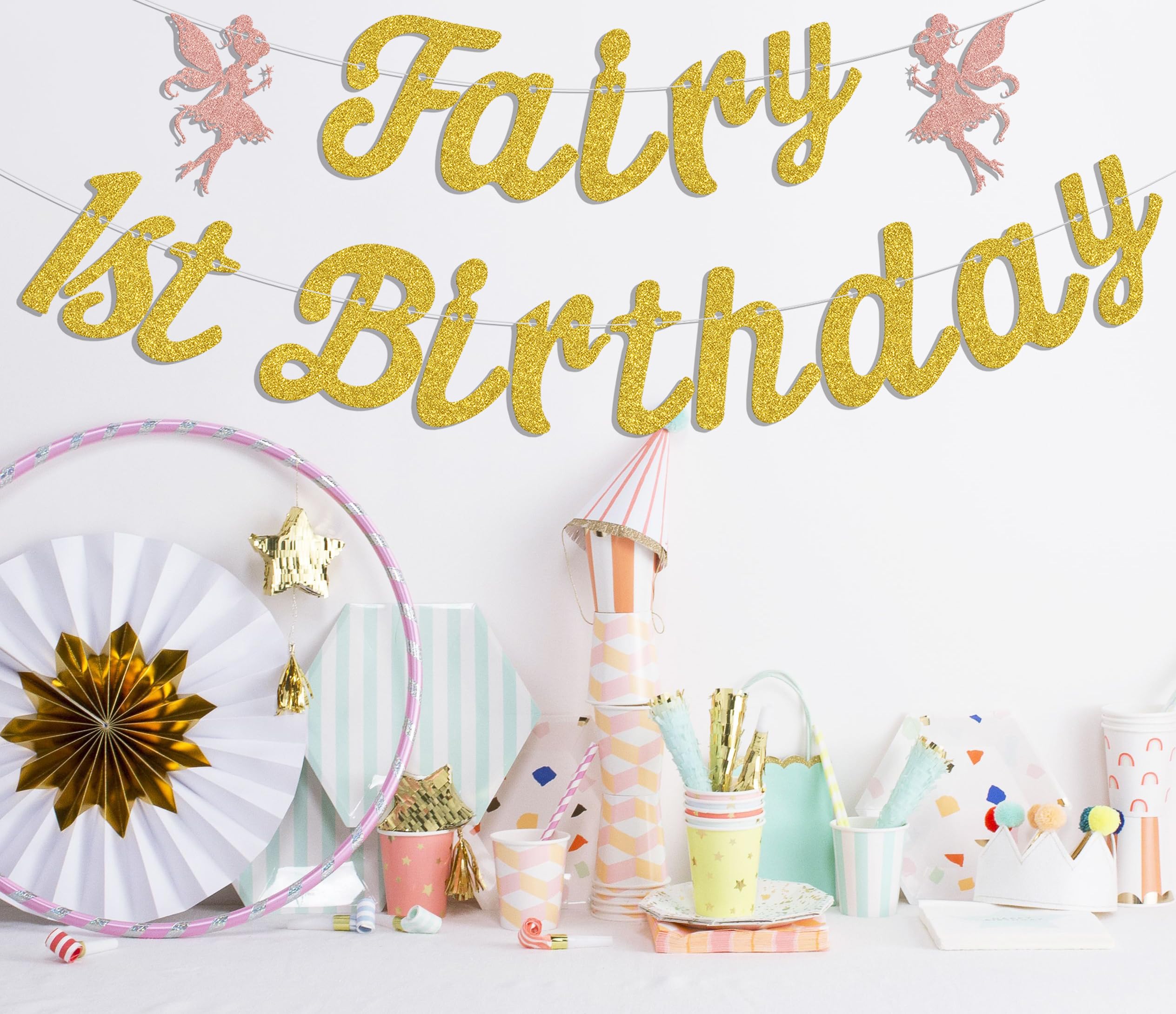 Fairy 1st Birthday Banner, Cute Fairies 1st Birthday Party Decorations, Flower Fairy Girl Happy First Birthday Anniversary Baby Shower Party Supplies Gold Rose Gold