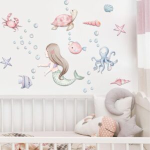 MUWEOL Under The Sea Mermaid Wall Decals - Ocean Fish Turtle Wall Stickers Bathroom Girls Bedroom Baby Nursery Wall Decoration,Sea Animals Wall Stickers