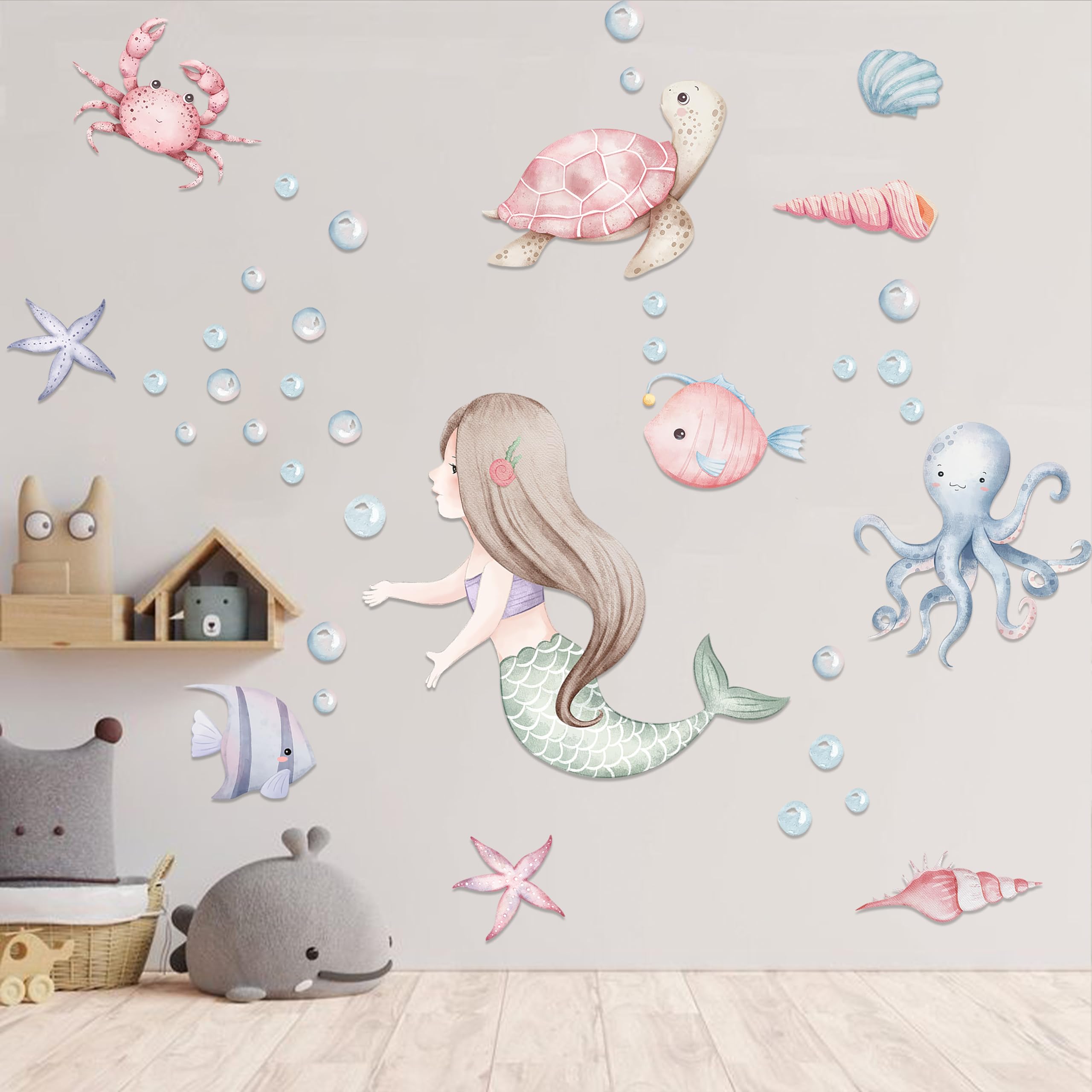 MUWEOL Under The Sea Mermaid Wall Decals - Ocean Fish Turtle Wall Stickers Bathroom Girls Bedroom Baby Nursery Wall Decoration,Sea Animals Wall Stickers