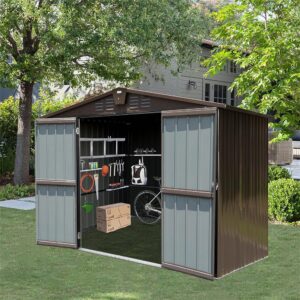 HiKingKing 10x8 Ft Metal Outdoor Tool House, Large Steel Utility Backyard Storage Sheds with Double Lockable Doors & Air Vents, Waterproof for Garden, Patio Lawn, Brown