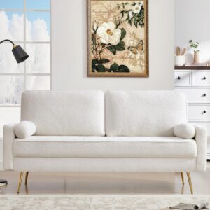 hifit 70" white loveseat sofa couch, mid century modern fluffy couch with deep love seat & 2 pillow, comfy 3-seater home sofa living room small couches for small space,bedroom,office, solid wood frame