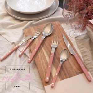 PINKRELLA 6-Piece Stainless Steel Flatware Silverware Cutlery Set - Color Handle with Rivet/Retro Style - Includes Dinner Knife; Dinner Fork; Salad Fork; Soup Spoon; Teaspoon; Spreader (PINK)