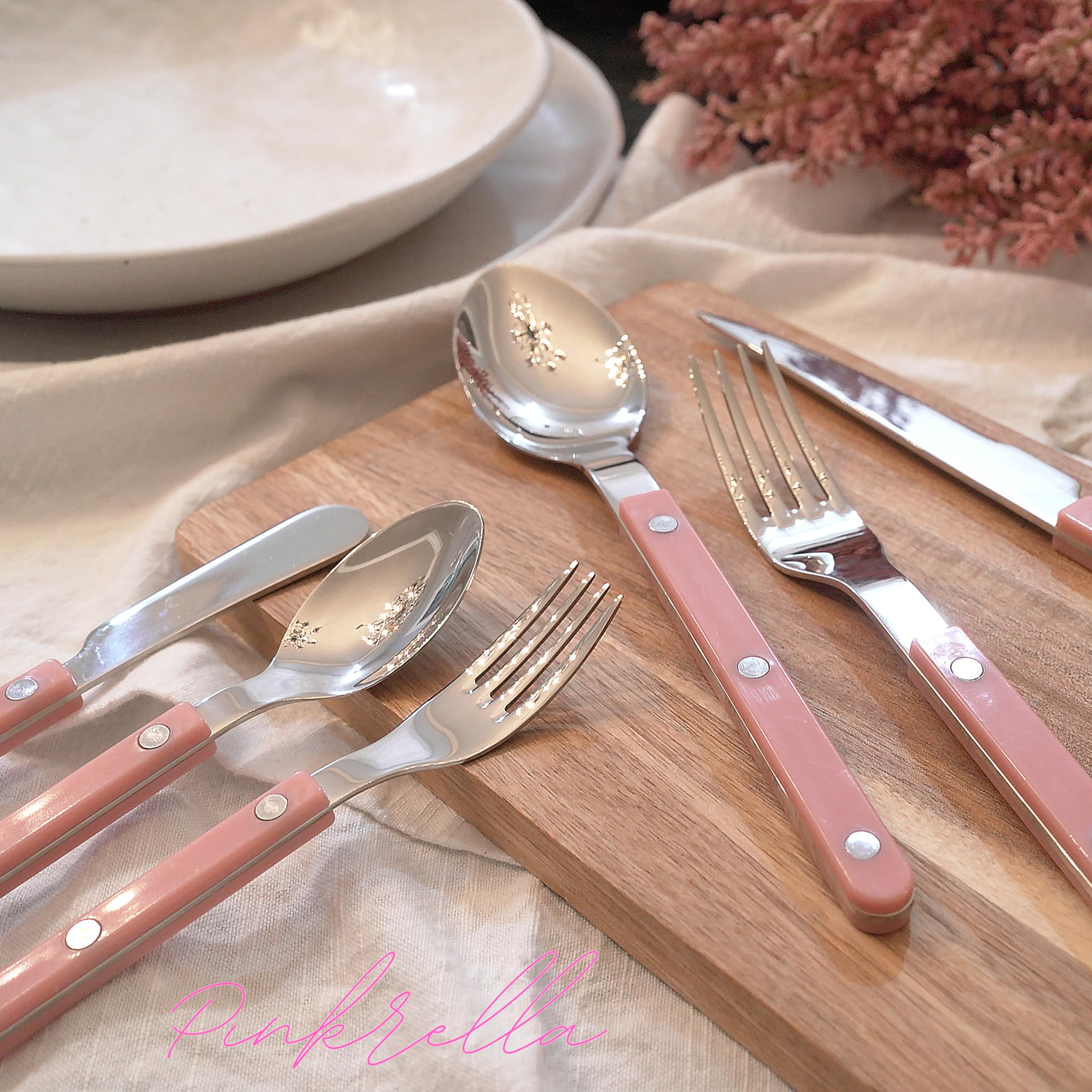 PINKRELLA 6-Piece Stainless Steel Flatware Silverware Cutlery Set - Color Handle with Rivet/Retro Style - Includes Dinner Knife; Dinner Fork; Salad Fork; Soup Spoon; Teaspoon; Spreader (PINK)