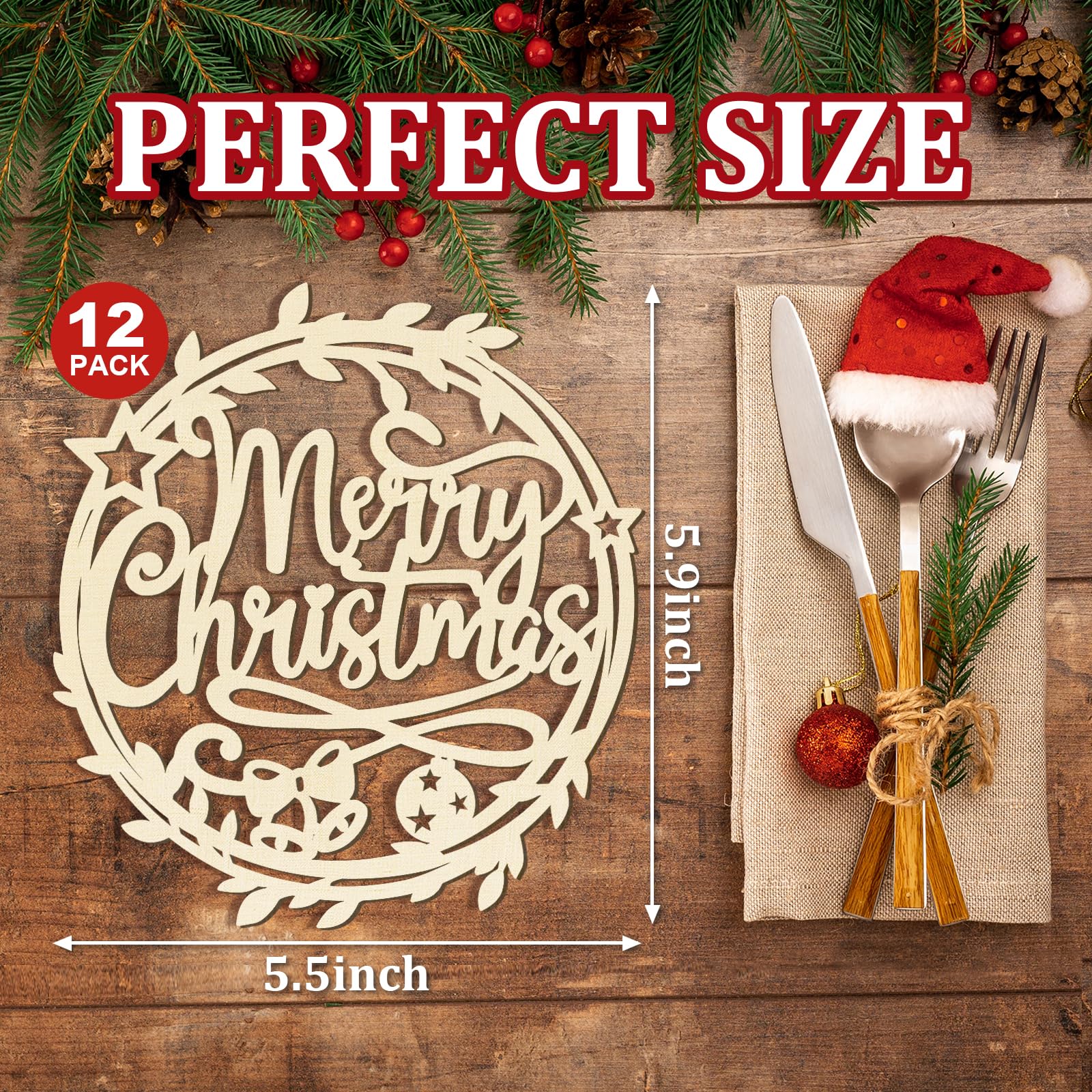 12 Pcs Christmas Wooden Plate Decor Merry Christmas Wood Cutouts Winter New Year Party Place Card Table Settings Signs for Farmhouse Dining Table Holiday Christmas Tree Decoration Ornament Flowers