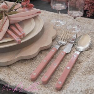 PINKRELLA 6-Piece Stainless Steel Flatware Silverware Cutlery Set - Color Handle with Rivet/Retro Style - Includes Dinner Knife; Dinner Fork; Salad Fork; Soup Spoon; Teaspoon; Spreader (PINK)