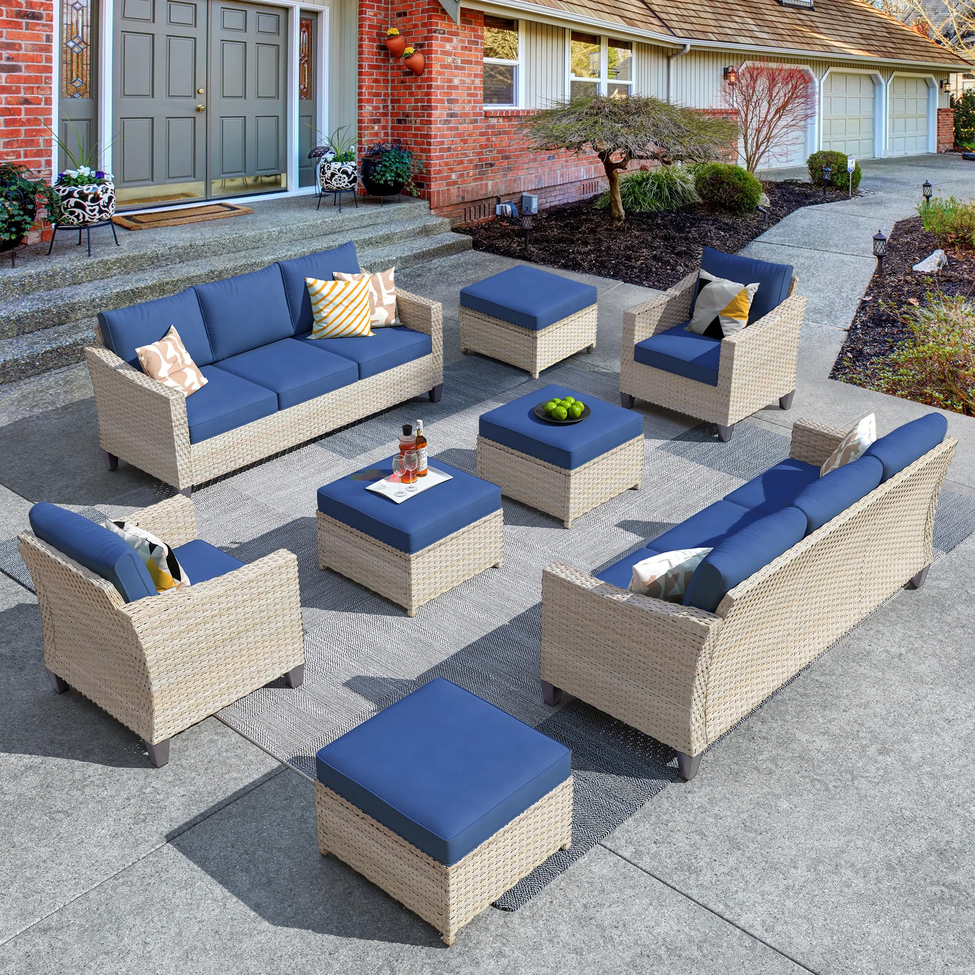 CAODOC Wicker Patio Furniture Set,8 Pieces Modern Outdoor Conversation Set Sectional Sofa with Cushion and Ottomans for Garden, Poolside, Backyard