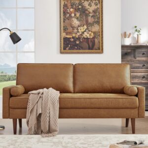 HIFIT 58" Loveseat Sofa Couch, Mid Century Modern Faux Leather Couch with Hand-Sewn Deep Love Seat & 2Pillows, Home Sofa Living Room Small Couches for Small Space,Bedroom,Office,Solid Wood Frame,Brown