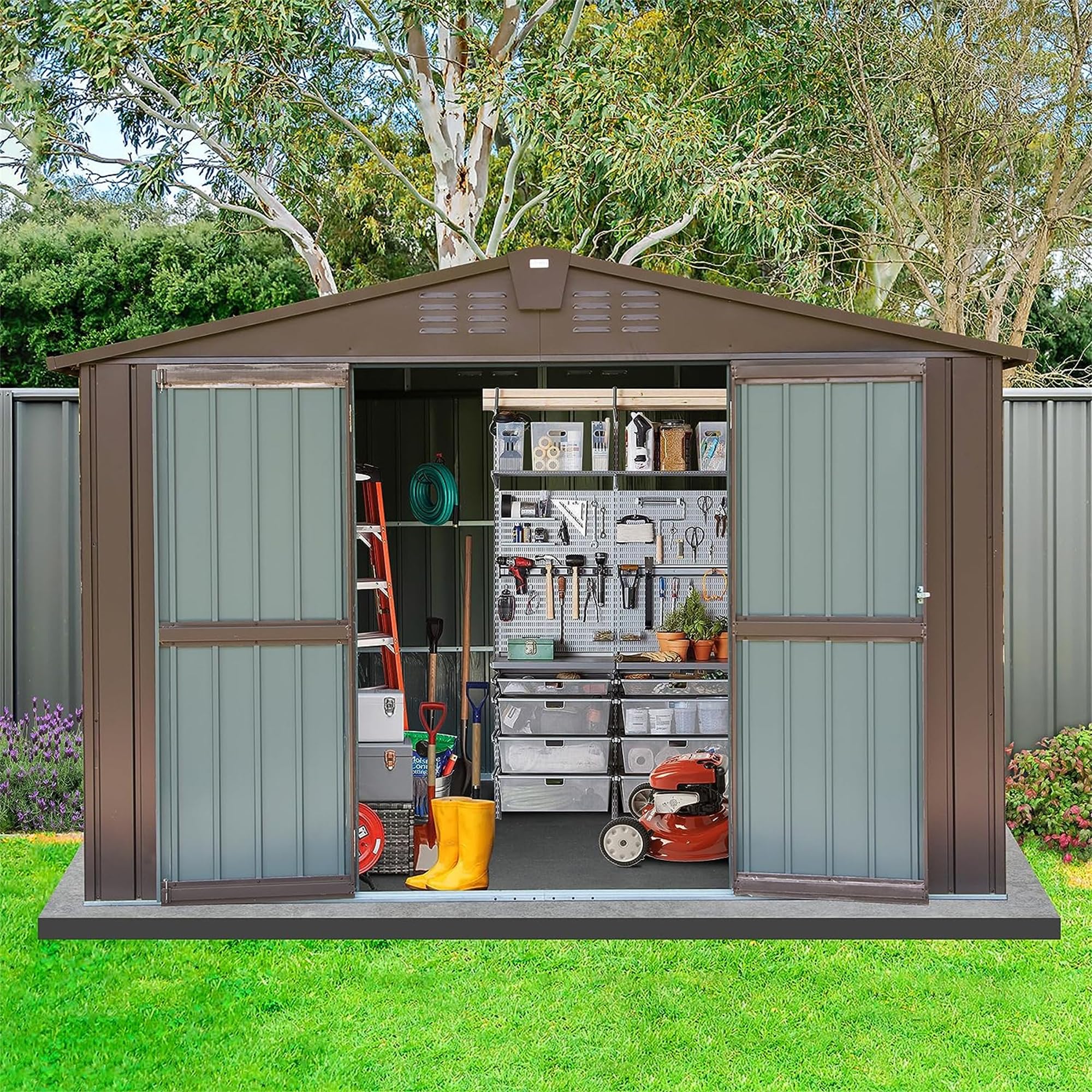 HiKingKing 10x8 Ft Metal Outdoor Tool House, Large Steel Utility Backyard Storage Sheds with Double Lockable Doors & Air Vents, Waterproof for Garden, Patio Lawn, Brown