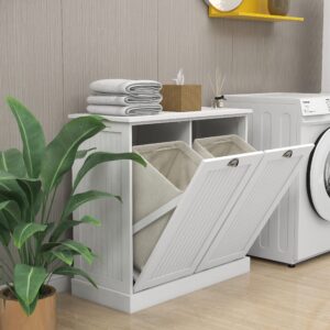 ODUWA Double Tilt Out Laundry Cabinet,Wood Hidden Laundry Hamper Cabinet with Removable Basket,Free Standing Bathroom Laundry Sorter Storage Cabinet