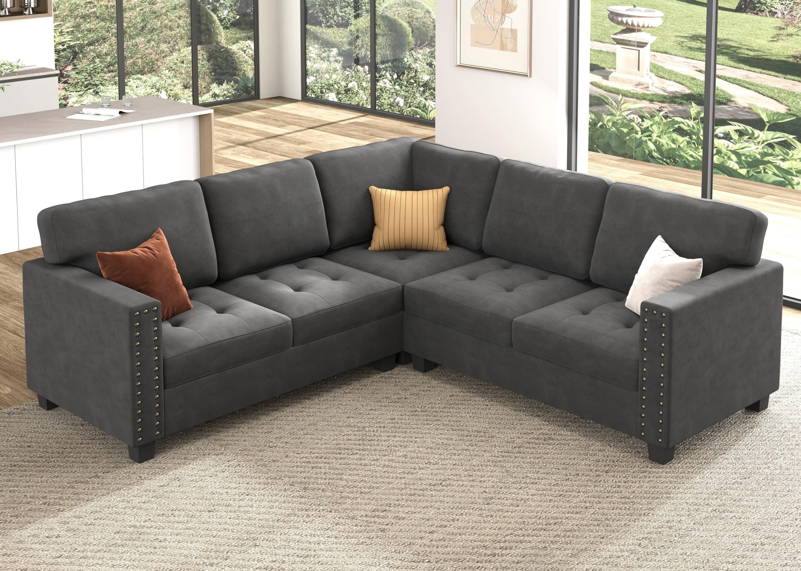 HONBAY Velvet Convertible Sectional Sofa L Shaped Couch Reversible 4 Seat Corner Sectional Sofa for Small Space, Grey