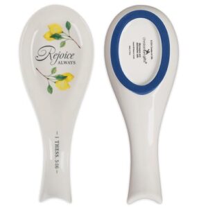 christian art gifts ceramic spoon utensil rest for women: rejoice always inspirational bible verse, stove & kitchen counter top home décor, blue silicone base, lead/cadmium-free, white & yellow lemon