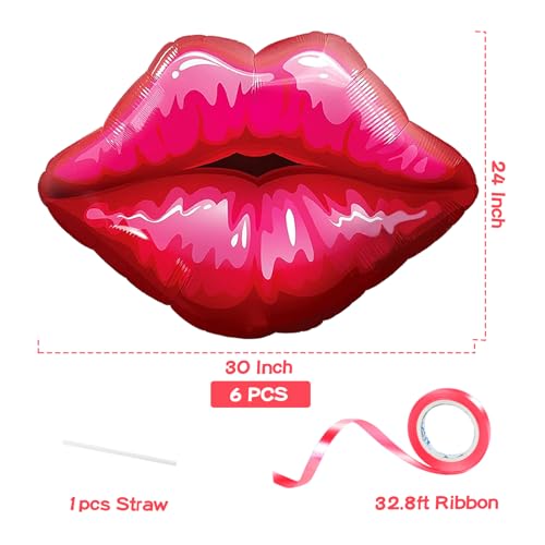 Fangoo 6 PCS Red Lip Balloons Set, Hot Pink Kiss Balloons Decorations, Huge Lips Kiss Foil Balloons, Wedding Party Balloons,Lip Balloon for Valentines Day Engagement Galentines Day Party Decor