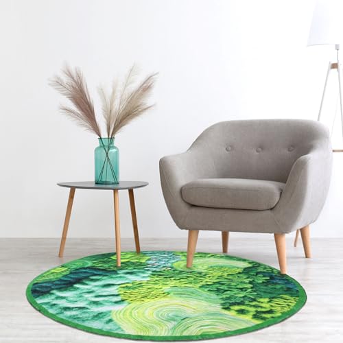 Lifup Green Moss Area Rug, Soft Botanical Print Shag Round Rug Carpet, Non Slip Washable Boho Area Rugs for Living Room Bedroom Decor Green 6 3.3 x 3.3 Feet