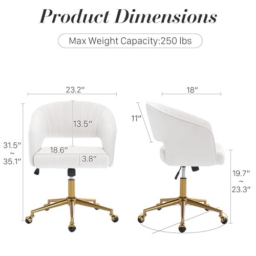 Homedraft Home Office Swivel Desk Chair, Modern Velvet Desk Chair, Height Adjustable Armchair with Gold Base, Ergonomic Office Chair for Living Room Vanity Study Computer Room, Cream