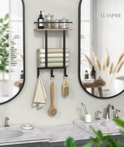 Luxspire Towel Racks Wall Mounted for Bathroom, Towel Holder Wall Mounted with Wooden Floating Shelf & 3 Metal Hooks, Rolled Bath Towel and Hand Towel Rack for Bathroom, Rustic Wooden