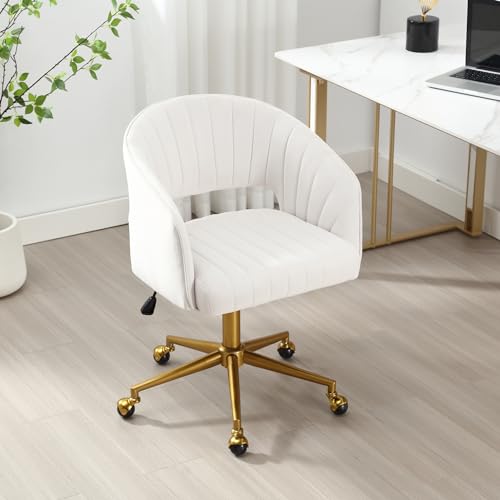 Homedraft Home Office Swivel Desk Chair, Modern Velvet Desk Chair, Height Adjustable Armchair with Gold Base, Ergonomic Office Chair for Living Room Vanity Study Computer Room, Cream