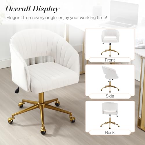 Homedraft Home Office Swivel Desk Chair, Modern Velvet Desk Chair, Height Adjustable Armchair with Gold Base, Ergonomic Office Chair for Living Room Vanity Study Computer Room, Cream