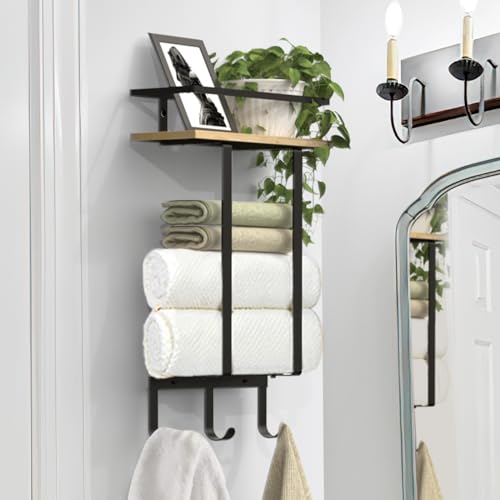 Luxspire Towel Racks Wall Mounted for Bathroom, Towel Holder Wall Mounted with Wooden Floating Shelf & 3 Metal Hooks, Rolled Bath Towel and Hand Towel Rack for Bathroom, Rustic Wooden