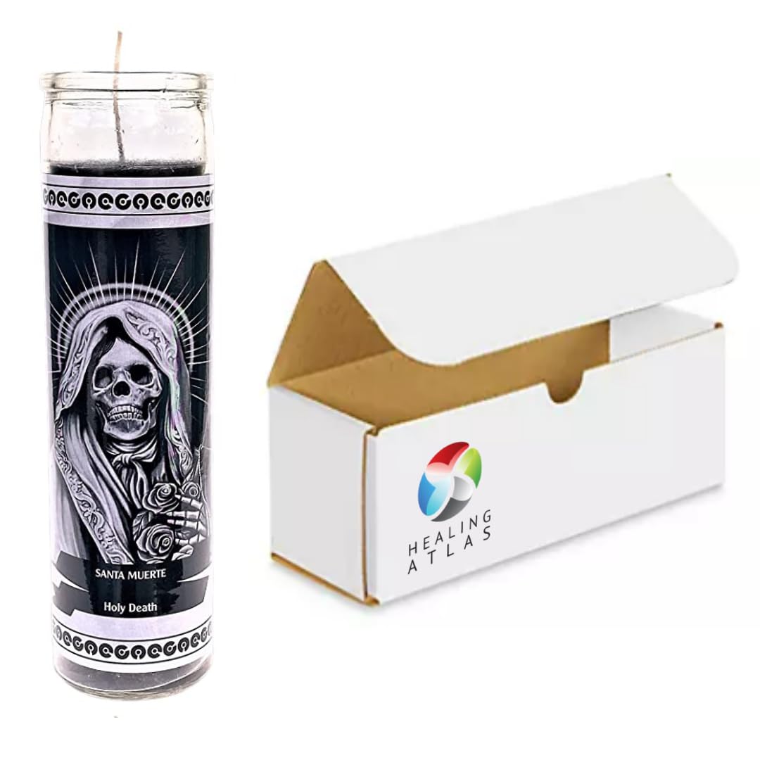 HEALING ATLAS - Holy Death Black Candle in Glass for Rituals and Meditation - Candle for Witchcraft Spells - Velas Negras para Rituales - Black Candles - (Santa Muerte, Black, Pack of 1)