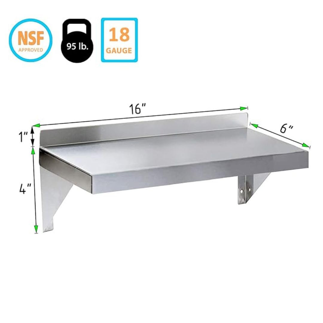 Express KitchQuip Stainless Steel Wall Shelf | Square Edge | Metal Shelving | Heavy Duty | Commercial Grade | Wall Mount | NSF Certified (6” Width x 16” Length)