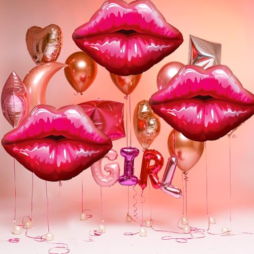 Fangoo 6 PCS Red Lip Balloons Set, Hot Pink Kiss Balloons Decorations, Huge Lips Kiss Foil Balloons, Wedding Party Balloons,Lip Balloon for Valentines Day Engagement Galentines Day Party Decor