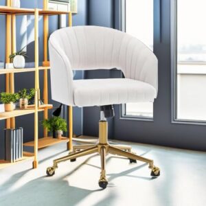 Homedraft Home Office Swivel Desk Chair, Modern Velvet Desk Chair, Height Adjustable Armchair with Gold Base, Ergonomic Office Chair for Living Room Vanity Study Computer Room, Cream