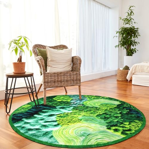 Lifup Green Moss Area Rug, Soft Botanical Print Shag Round Rug Carpet, Non Slip Washable Boho Area Rugs for Living Room Bedroom Decor Green 6 3.3 x 3.3 Feet