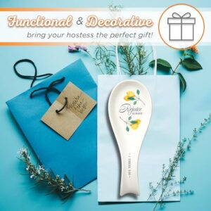 Christian Art Gifts Ceramic Spoon Utensil Rest for Women: Rejoice Always Inspirational Bible Verse, Stove & Kitchen Counter Top Home Décor, Blue Silicone Base, Lead/Cadmium-free, White & Yellow Lemon