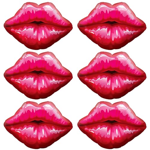 Fangoo 6 PCS Red Lip Balloons Set, Hot Pink Kiss Balloons Decorations, Huge Lips Kiss Foil Balloons, Wedding Party Balloons,Lip Balloon for Valentines Day Engagement Galentines Day Party Decor