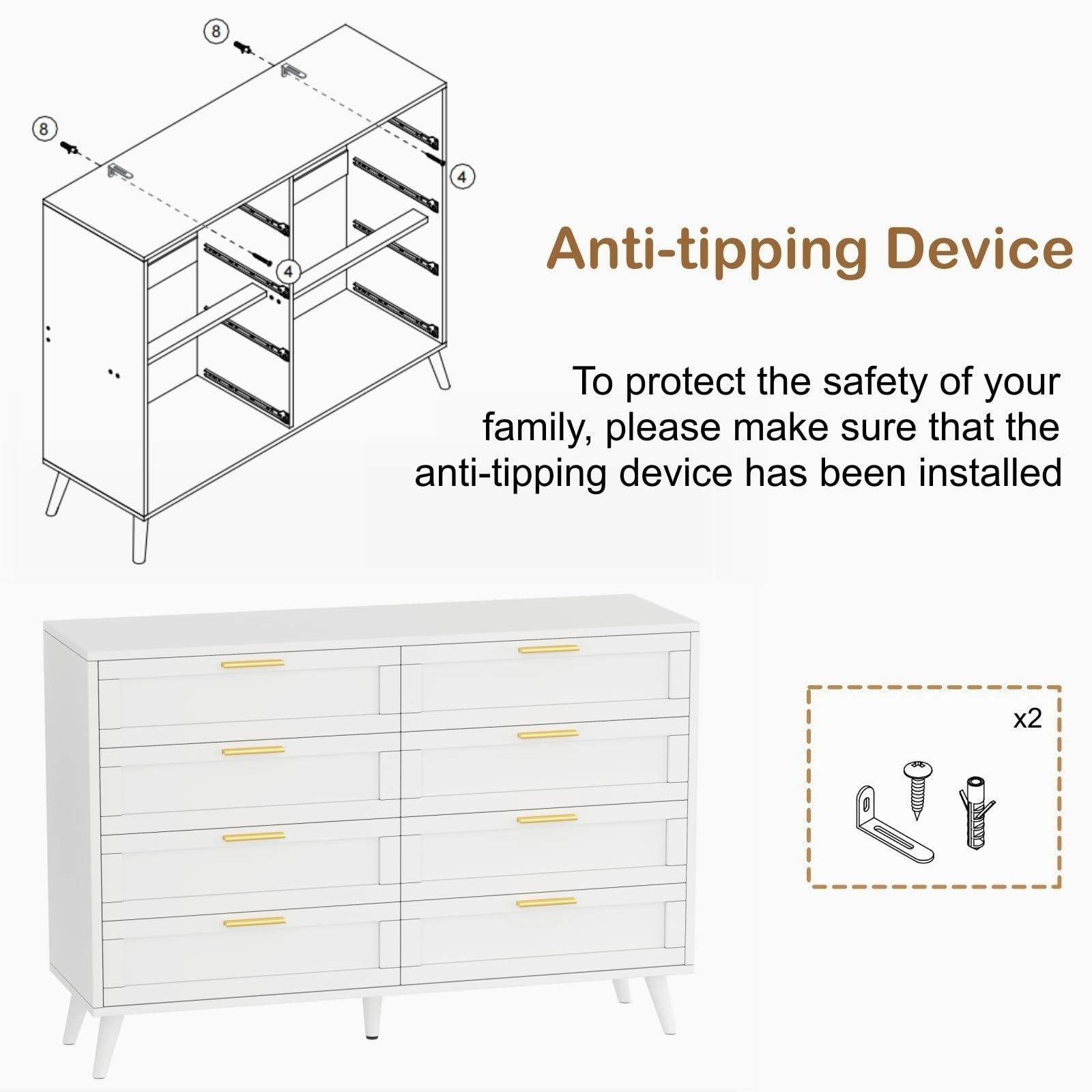 Rovaurx 8 Drawer Double Dresser for Bedroom, Chest of Dressers, Modern Wooden Dresser Chest with Golden Handles, Beside Table for Closet, Living Room and Entryway, White RDG003W