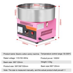 Cotton Candy Machine Commercial, 1000W Cotton Candy Maker Machine, Candy Floss Maker, with Stainless Steel Bowl, Sugar Scoop,Anti-Rust Coating, for Family Party, Kids Birthday Pink