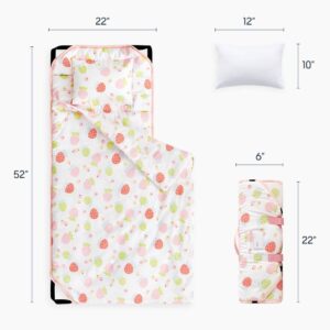 Wake In Cloud - Cot Nap Mat with Pillow and Blanket, for Toddler Kids Boys Girls in Daycare Kindergarten Preschool Pre K with Elastic Corner Straps, Cute Strawberry on Ivory