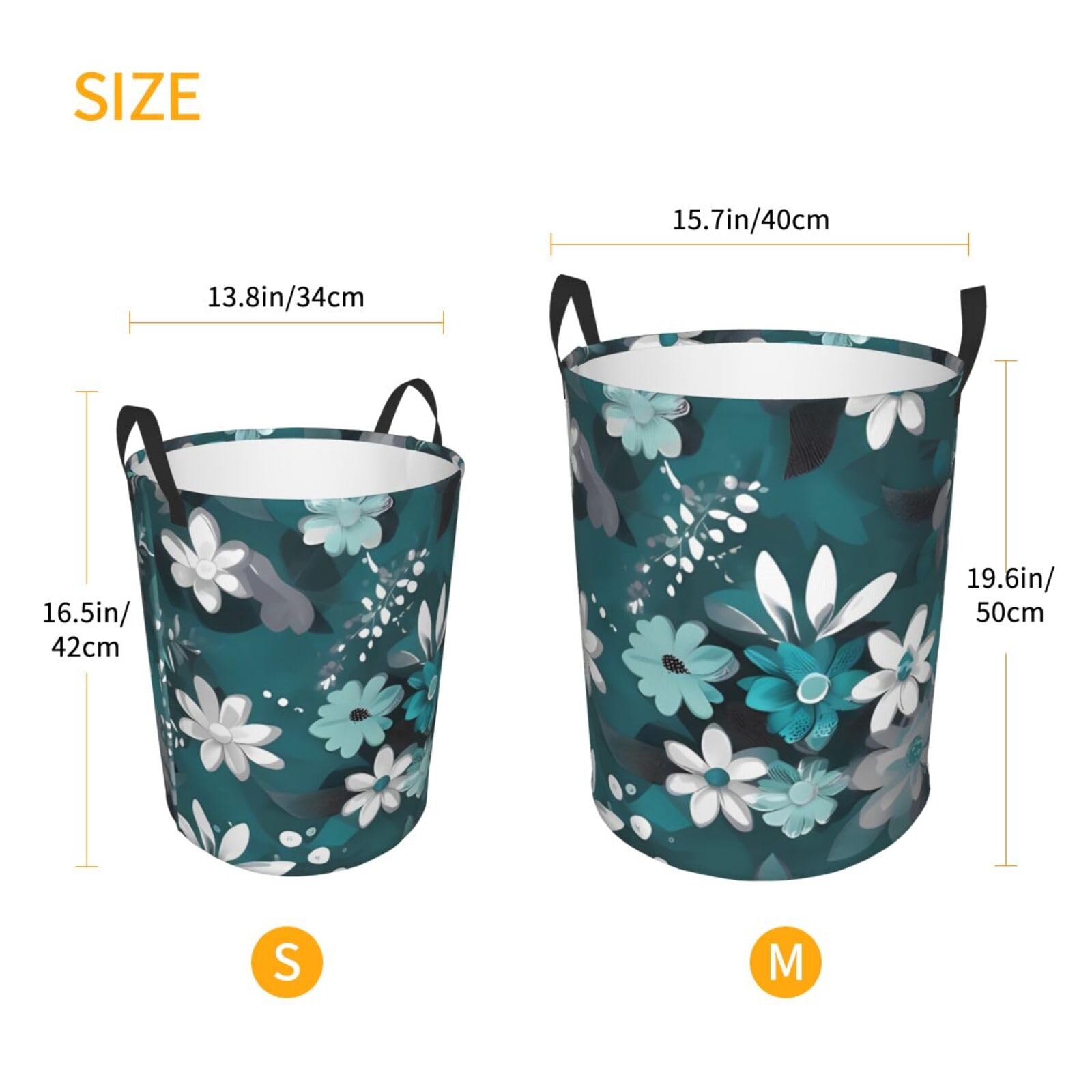 Teal Grey And White Floral Printed Laundry Hamper,Round Laundry Basket,Clothes Hamper With Handle,Collapsible Waterproof For Bedroom