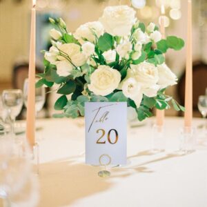 KCLIFE Gold Wedding Table Number Cards, 4x6, Elegant Gold Foil Font 1-20 Plus Head Table, with Gold Table Number Holders, Luxury Event Table Numbers for Events, Parties, Conferences, Banquets, small