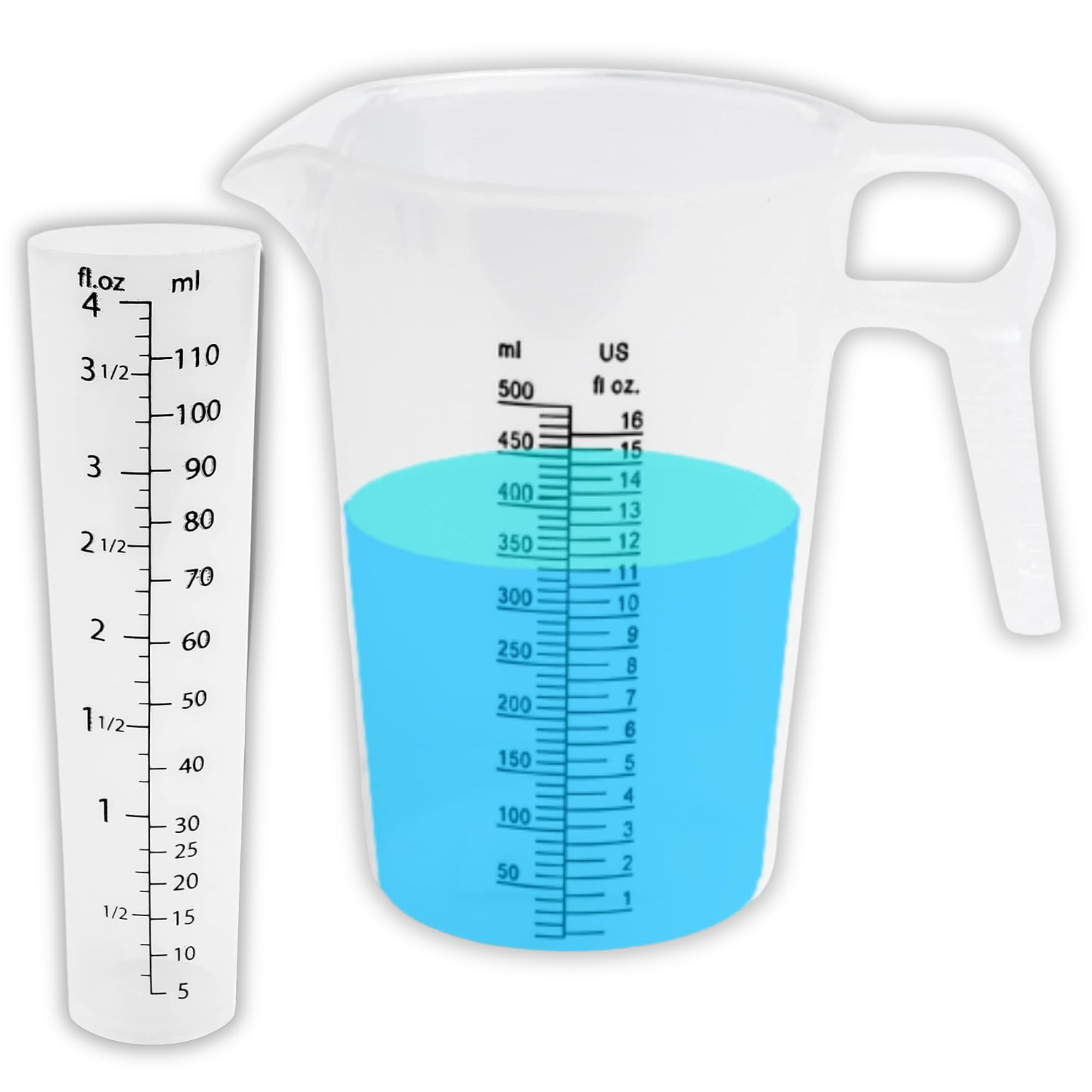 ACCUPOUR 4oz (110 mL) Graduated Cylinder, and 16oz (500 ml) Measuring Pitcher- Heat Resistant & Chemical Resistant, Great for Chemicals, Oil, Pool and Lawn, Home Brew - Ounce (oz) and Milliliter (mL)