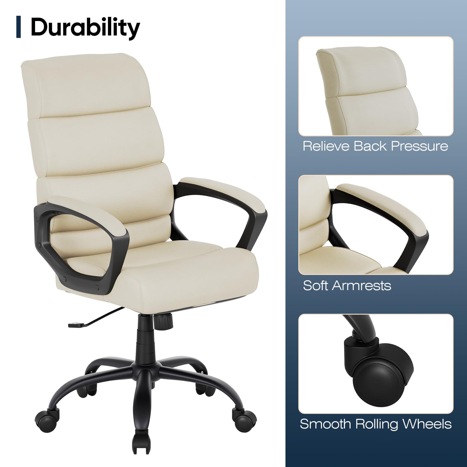 MOLENTS Executive Office Chair,Ergonomic Desk Chair, Leather High Back Computer Chair, Adjustable Height,Swivel Rolling Comfy Home Office Desk Chair,Beige