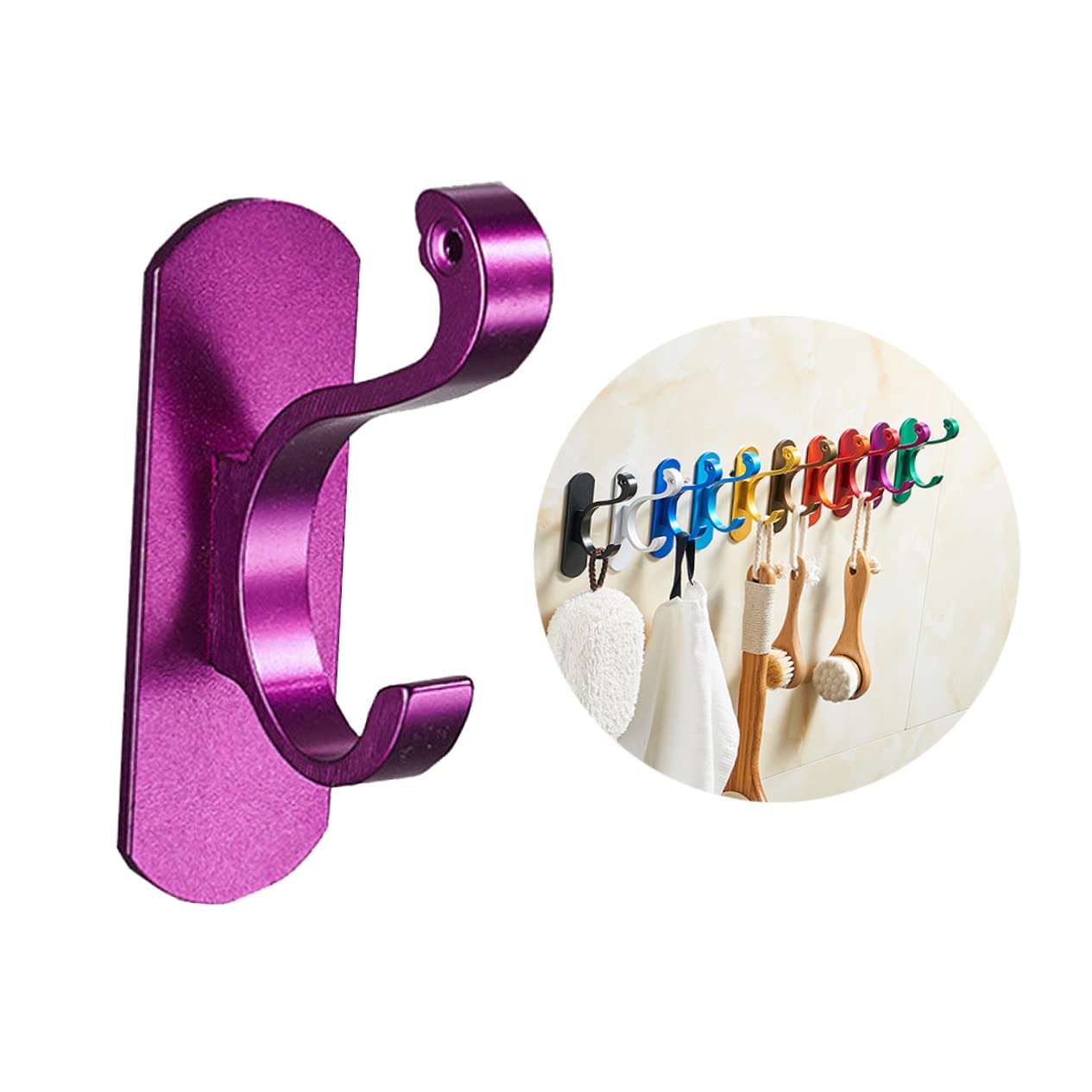 OFFSCH 1Pc Wall Mounted Clothes Hanging Rack Punch Aluminum Hook for Home Use Colorful Design Purple for Towel Coat and Clothing Storage