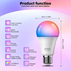 Smart Light Bulbs 6Pack with Remote, Color Changing Light Bulbs Work w/Alexa Google Home, 9W A19 E26 800LM Colored LED Bulb, 2.4GHz Only, 50+ DIY Scenes, App & Voice Control WiFi Light Bulbs