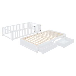 Twin Bed Frame with Rails and Storage Drawers, Can Be Divided into A Twin Size Floor Bed with Fence and A Daybed with 2 Drawers, Wood Montessori Beds for Kids Boys Girls Teens, White