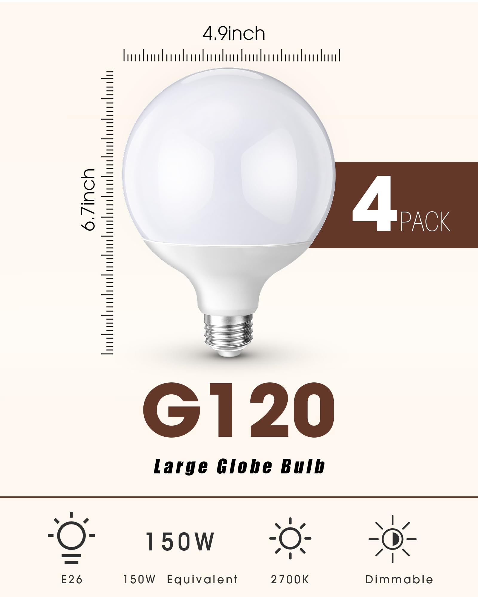 Tujoe LED Globe Light Bulbs G120 Globe Bulb Warm White 3000k Dimming Light Bulbs E26 Base LED Globe 15w Large Light Bulb for Indoor Room Lighting Home Decoration(4 Pcs)