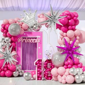 173PCS Princess Pink and Silver Balloon Garland Arch Kit with Explosion Star Silver Crown Balloon for Barbie Theme Birthday Party Decorations Baby Shower girl's Birthday Princess Party Decorations