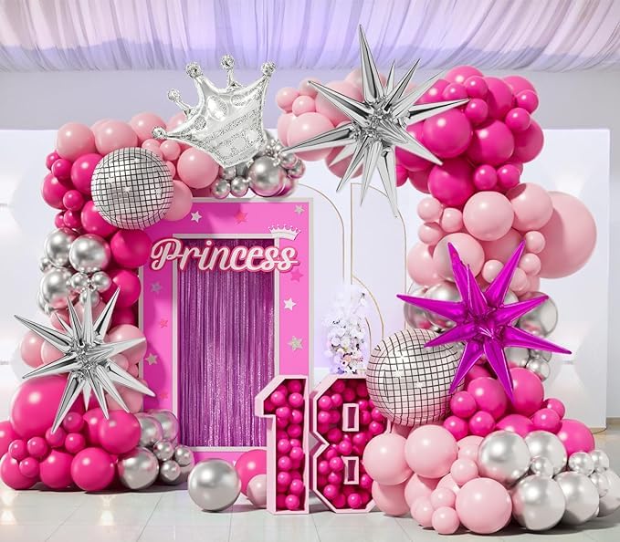 173PCS Princess Pink and Silver Balloon Garland Arch Kit with Explosion Star Silver Crown Balloon for Barbie Theme Birthday Party Decorations Baby Shower girl's Birthday Princess Party Decorations