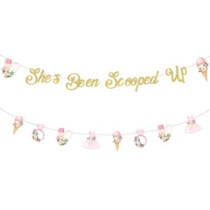 Jollyboom She's Been Scooped Up Banner, Ice Cream Bridal Shower Party Decoration Glitter Banner for Girl Women Summer Ice Cream Theme Bachelorette Bridal Shower Engagement Wedding Party