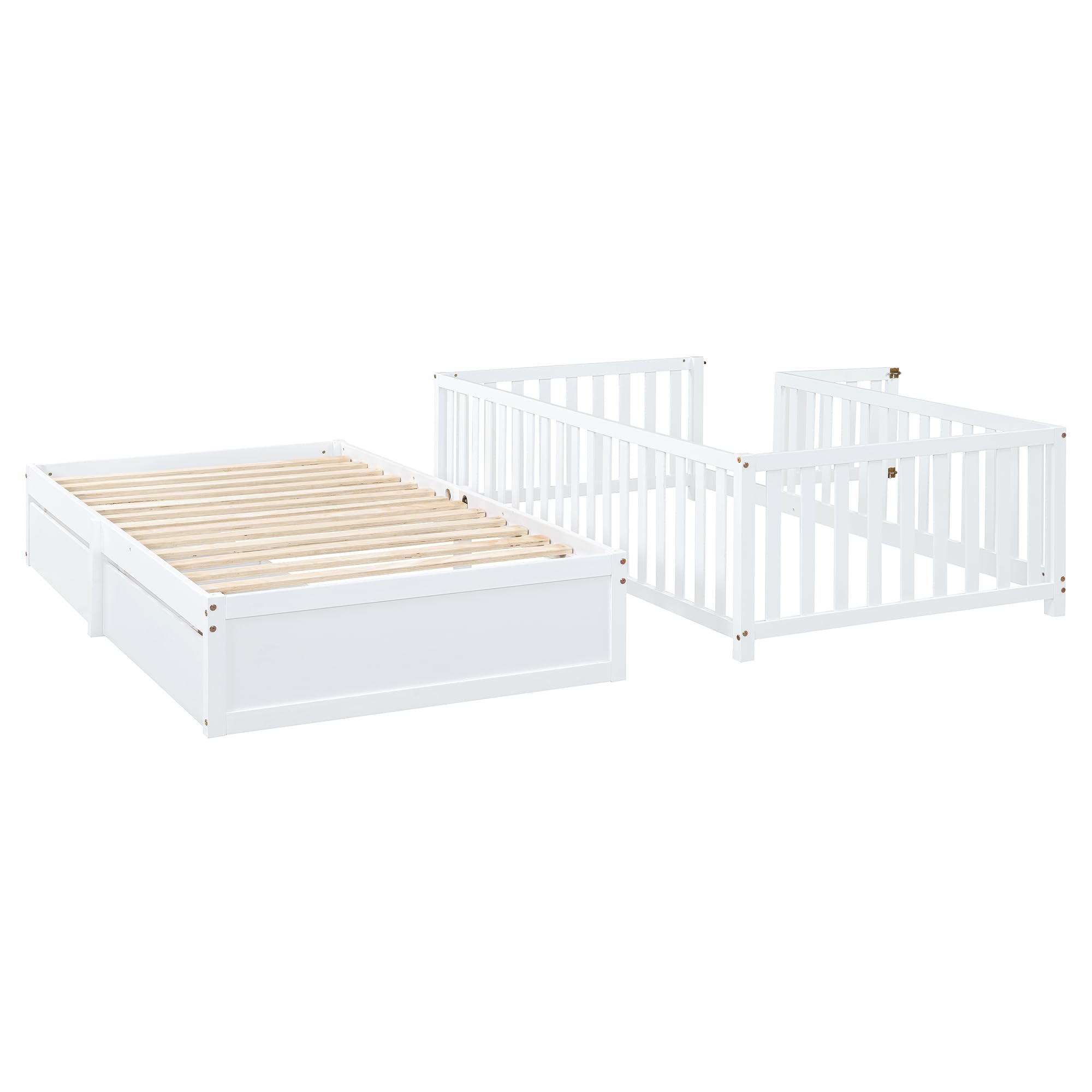 Twin Bed Frame with Rails and Storage Drawers, Can Be Divided into A Twin Size Floor Bed with Fence and A Daybed with 2 Drawers, Wood Montessori Beds for Kids Boys Girls Teens, White