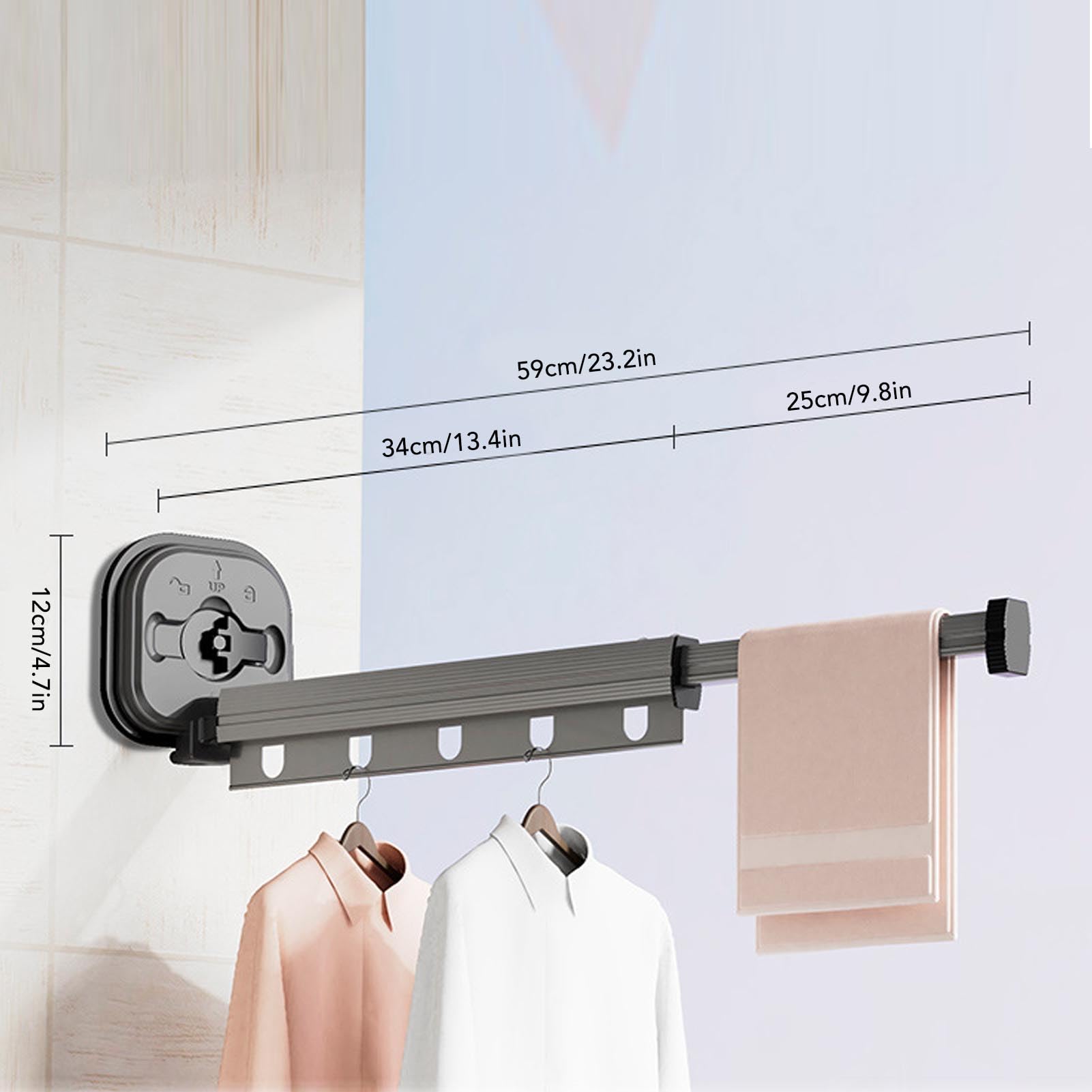 Maximize Space Wall Mount Foldable Clothes Drying Rack Balcony Sturdy Pole Gray Alloy Windproof 4.7 Design Sliding Suction Cup Functionality