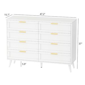 Rovaurx 8 Drawer Double Dresser for Bedroom, Chest of Dressers, Modern Wooden Dresser Chest with Golden Handles, Beside Table for Closet, Living Room and Entryway, White RDG003W